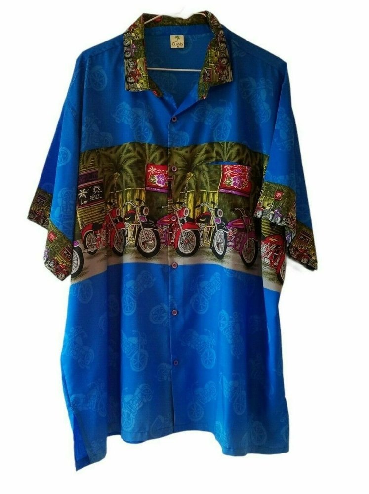 Oasis Men's Hawaiian Shirt XL Blue Motorcycles & Palms Vacation Resort Tropical